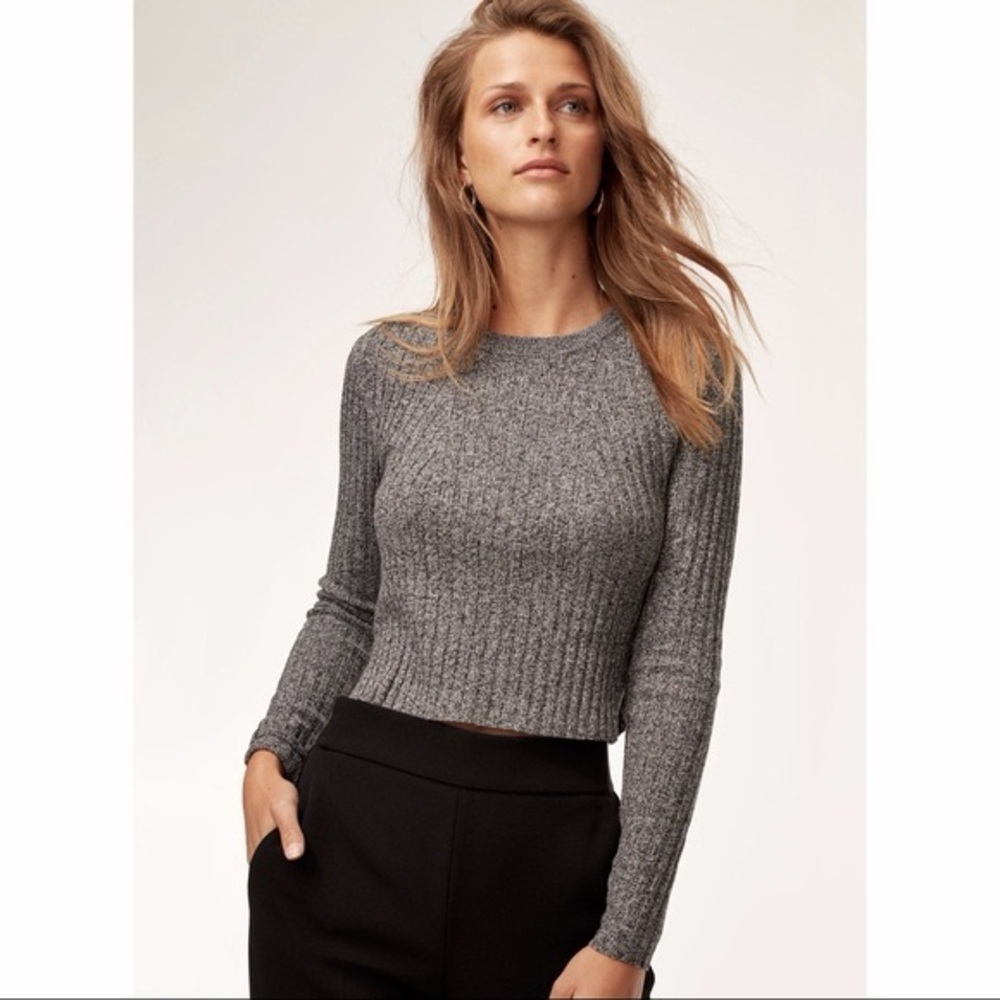 Babaton Gray Ribbed Knit Long-Sleeve Crop Top